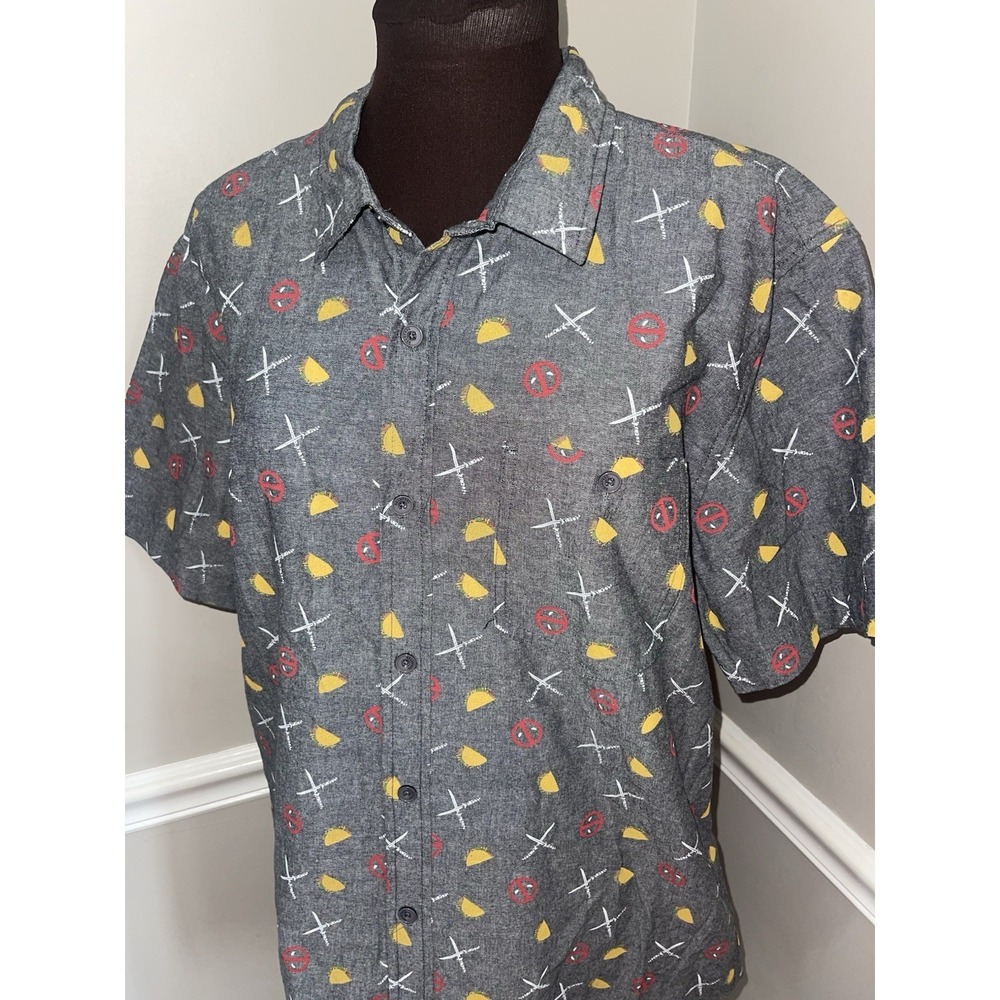 MARVEL DEADPOOL Logo Taco Chalk Size XL Gray 100%‎ Cotton Button Shirt